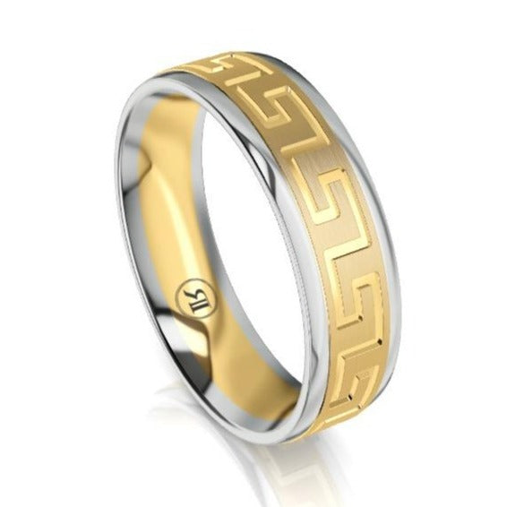 The Tybalt Yellow and White Gold Edge Greek Key Wedding Ring – KAVALRI