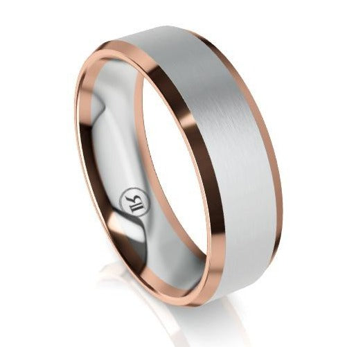 The Vanguard White and Rose Gold Bevelled Wedding Ring – KAVALRI