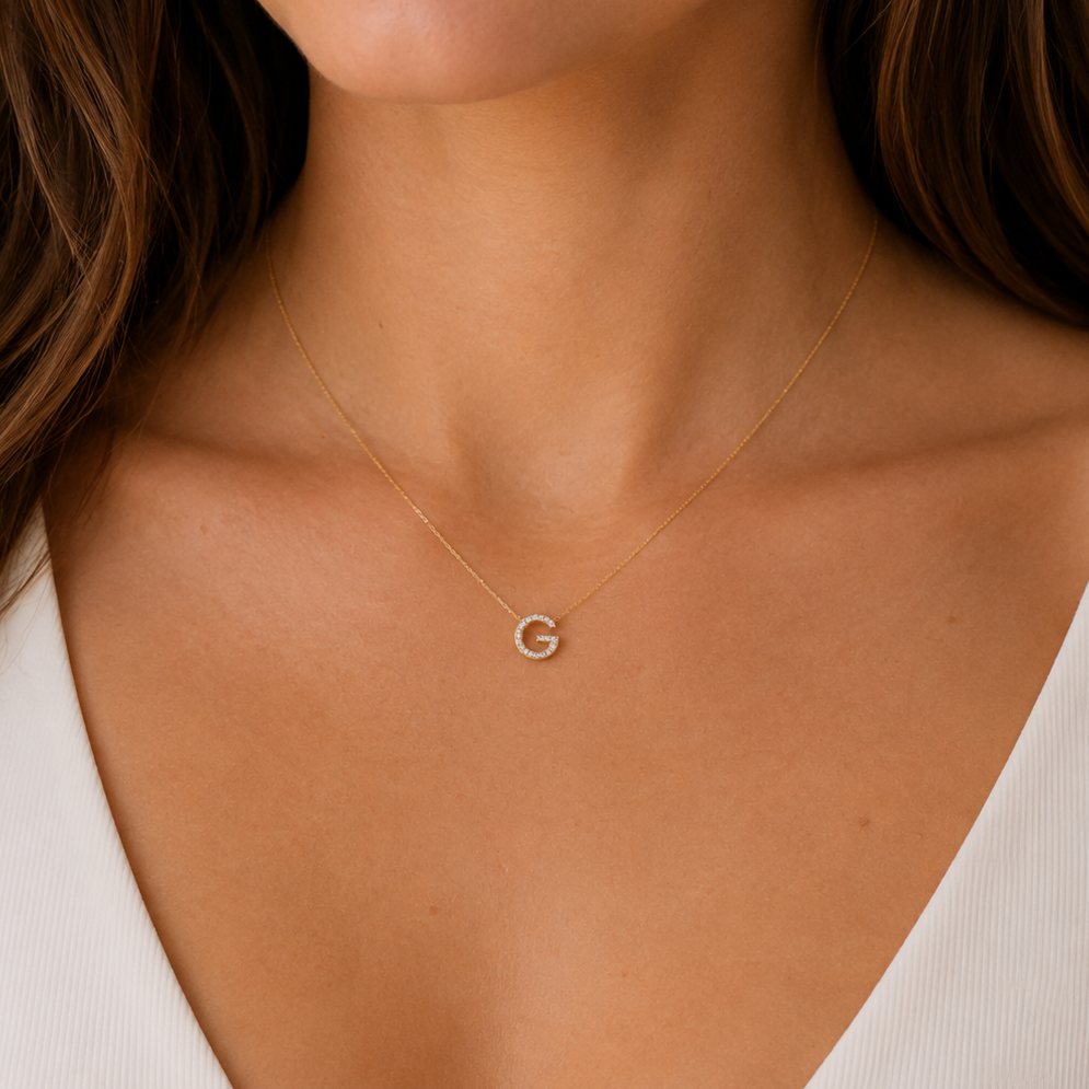Diamond Initial Gold Necklace G - M