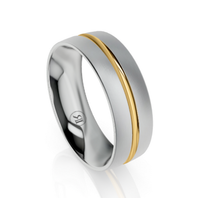 White and Yellow Gold Striped Inlay Mens Wedding Ring