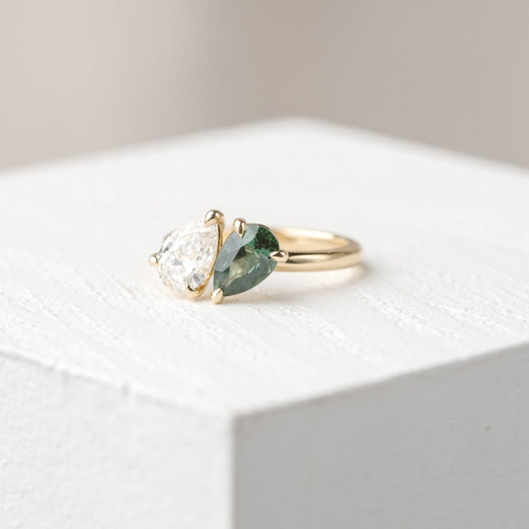 Lara Toi et Moi Pear Green Sapphire and Lab Diamond Ring