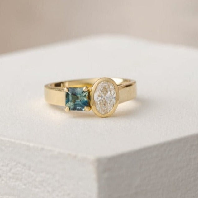 Audrey Oval Lab Diamond and Asscher Australian Sapphire Engagement Ring