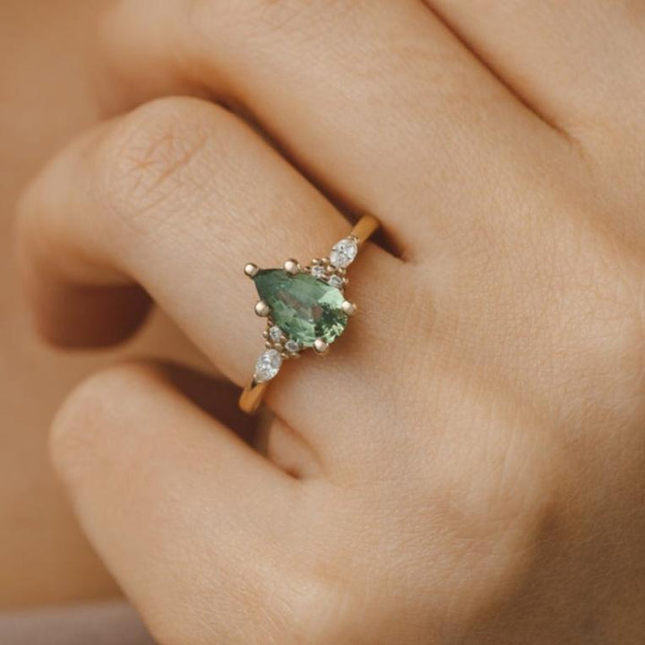 Green Sapphire And Diamond Teardrop Sapphire Engagement Rings