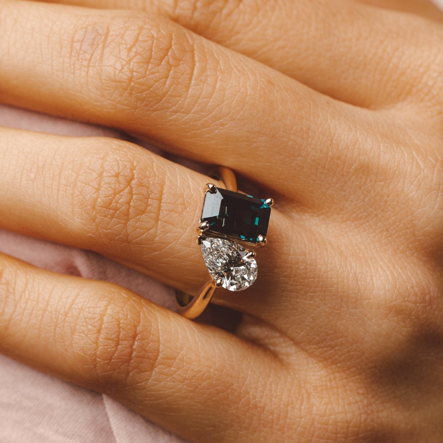 Madagascan Emerald Sapphire & Lab Diamond Toi et Moi Engagement Ring