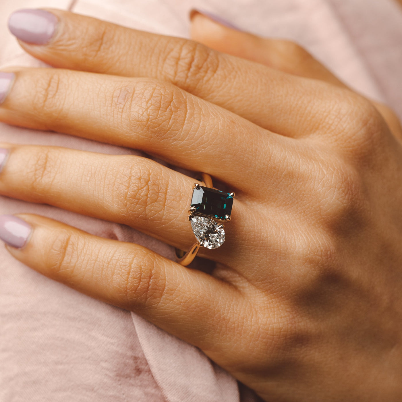 Madagascan Emerald Sapphire & Lab Diamond Toi et Moi Engagement Ring