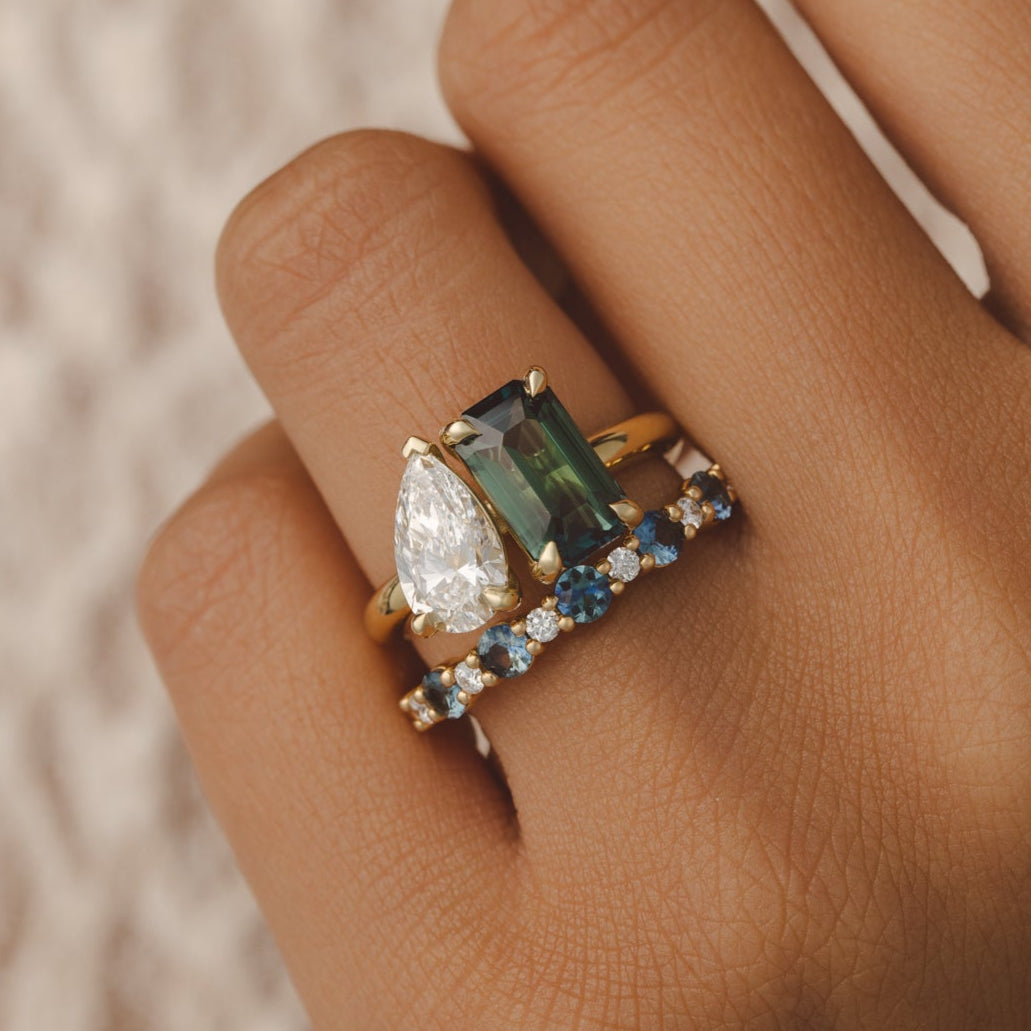 Lara Toi et Moi Teal Blueish Green Sapphire and Lab Pear Diamond Ring