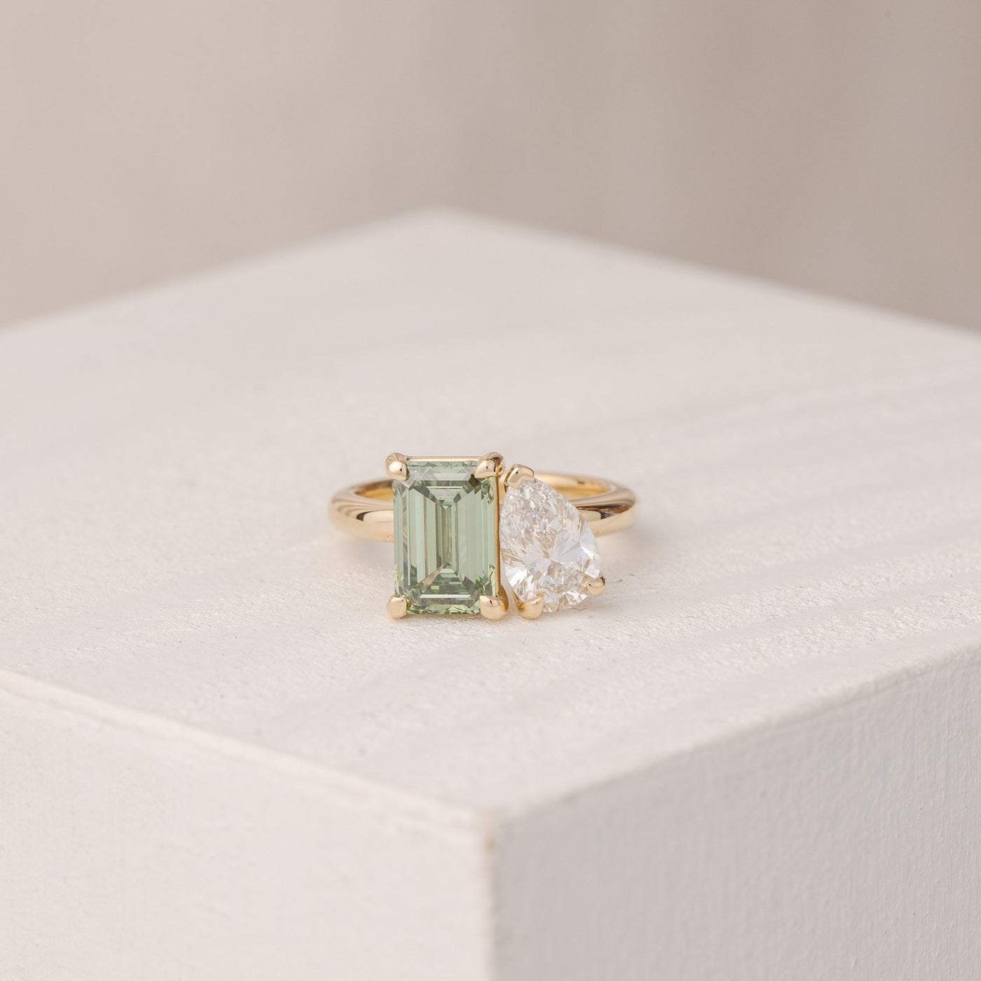 Lara Green Lab Emerald and Pear Lab Diamond Toi et Moi Diamond Ring