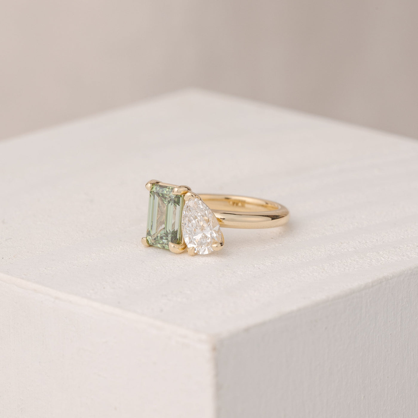 Lara Green Lab Emerald and Pear Lab Diamond Toi et Moi Diamond Ring
