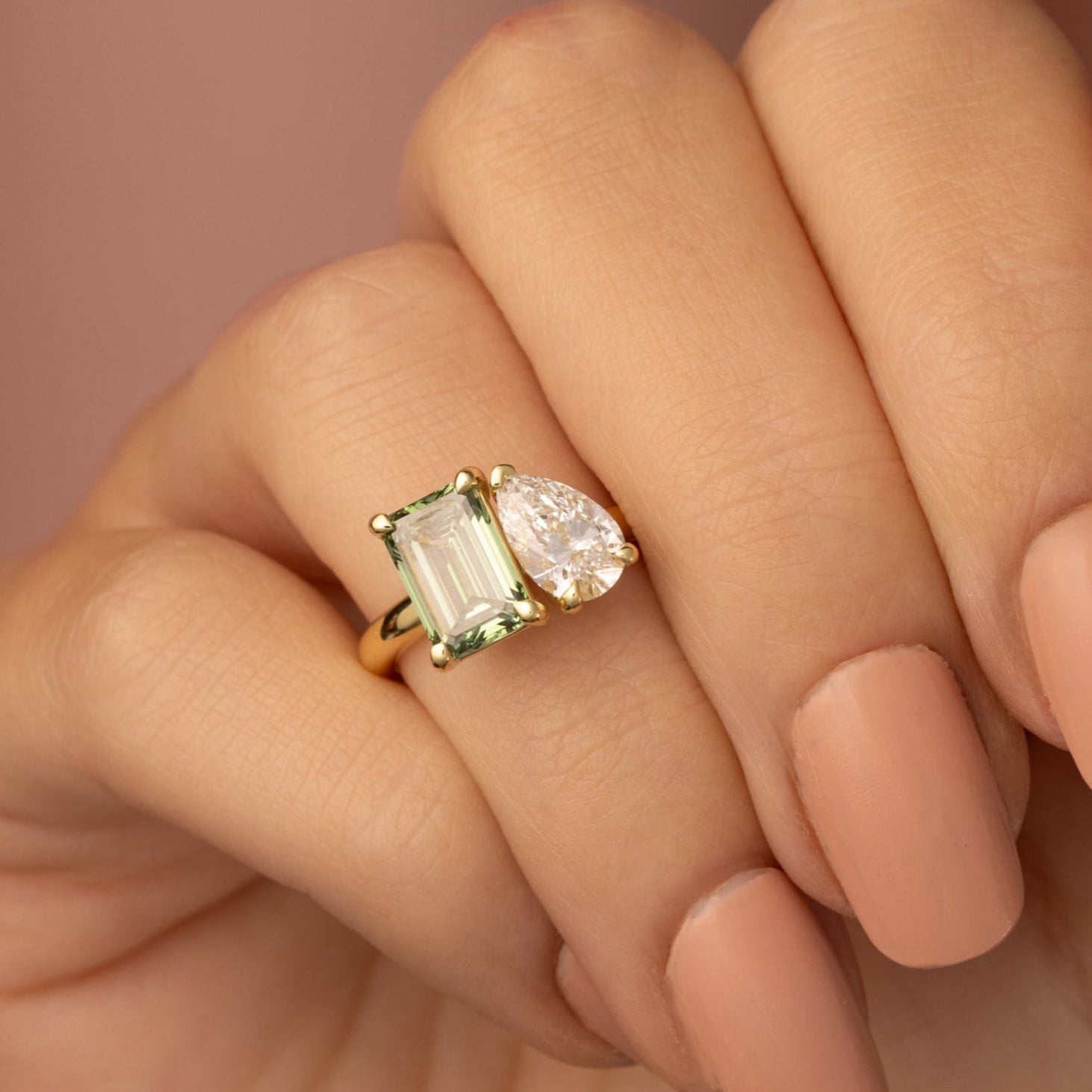 Lara Green Lab Emerald and Pear Lab Diamond Toi et Moi Diamond Ring