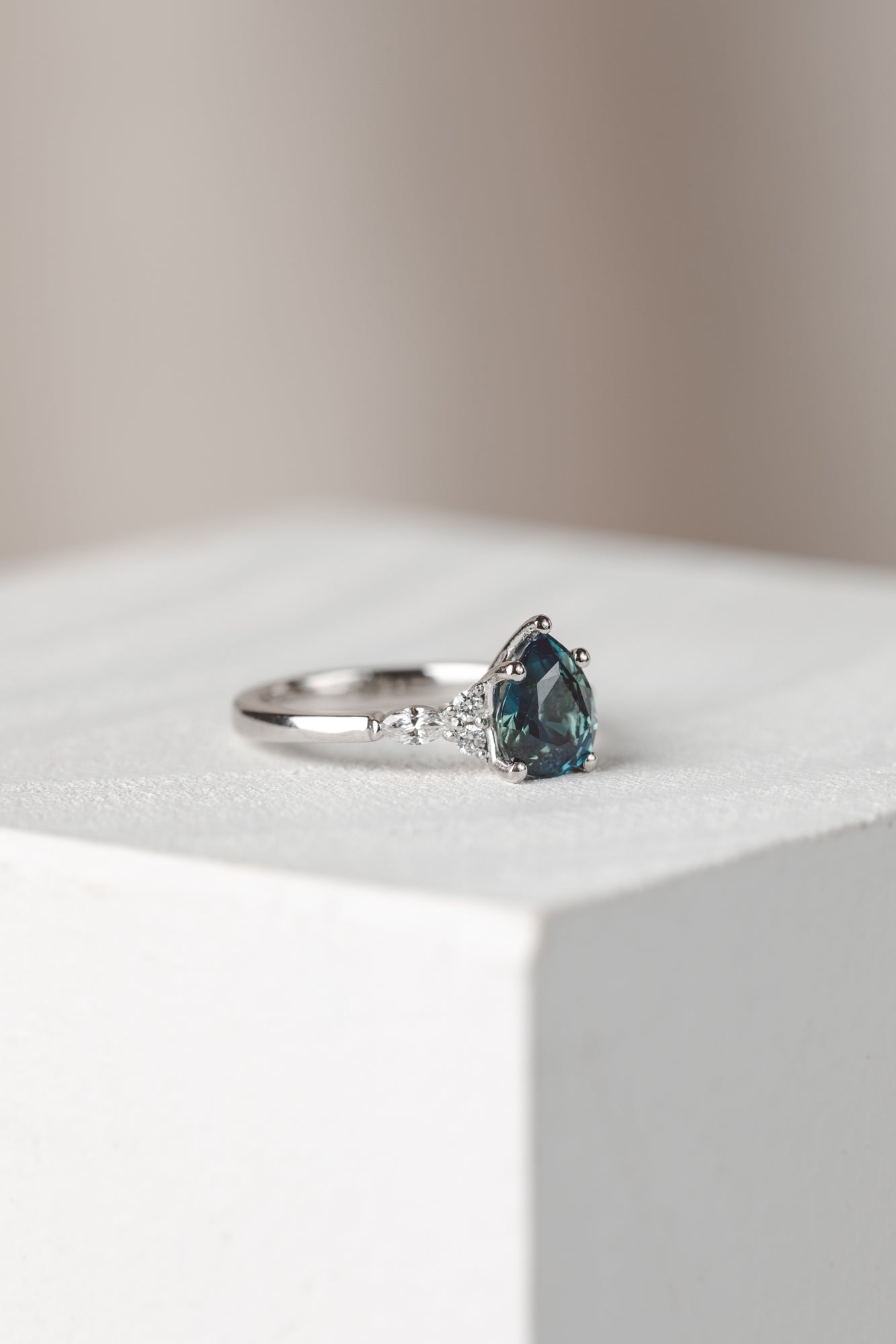 Willow Platinum Teal Pear Sapphire Engagement Ring