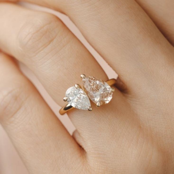 Lara Double Pear Toi et Moi Pink Pear Lab Diamond and Pear Lab Diamond Ring