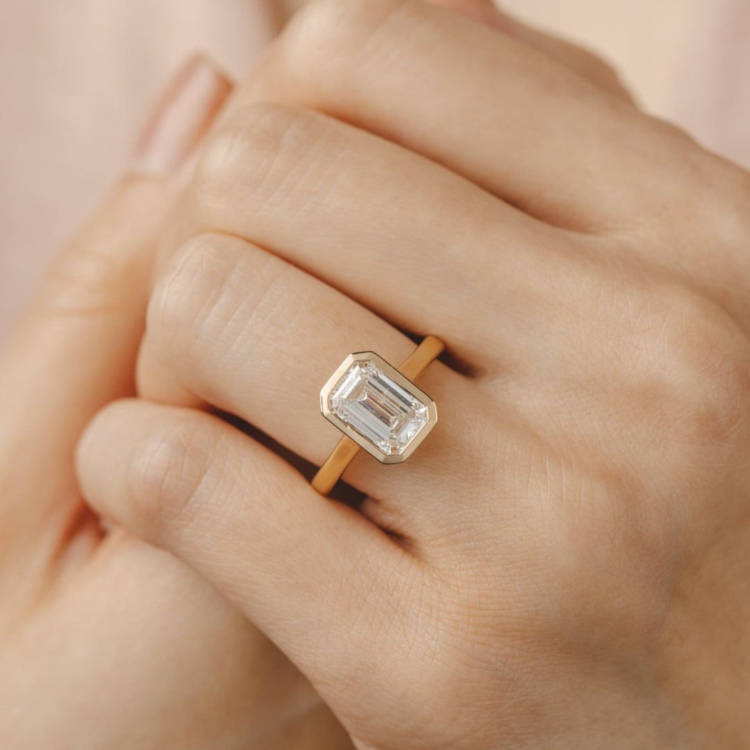 East To store West Ring, 3 CT Emerald Cut Diamond Engagement Ring, Emerald Cut Half Bezel Set Ring, Solitaire Wedding Ring, 14K Yellow Gold Ring