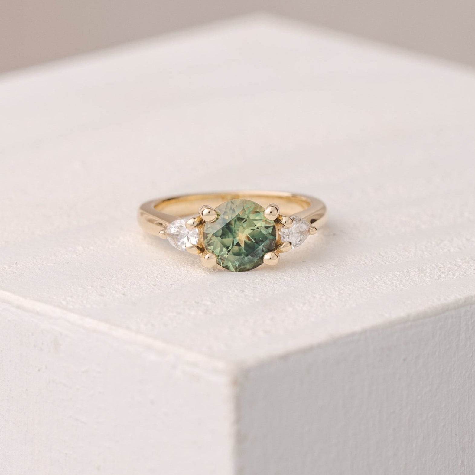 Charlotte Round 1.66ct Australian Sapphire and Petite Pear Trilogy Engagement Ring