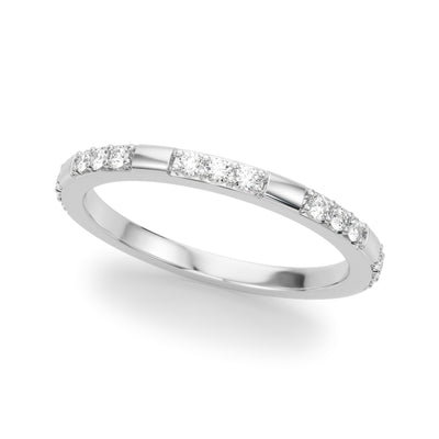 A pave/prong set diamond wedding ring with multiple stones visible on the band.