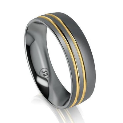 The Ludlow Tantalum & Yellow Gold Offset Grooved Wedding Ring