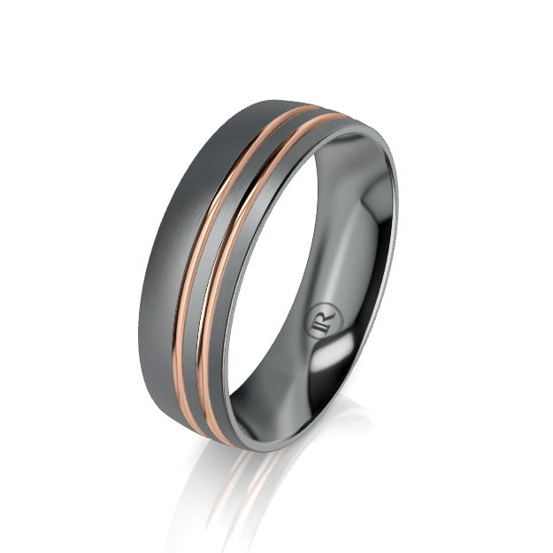 The Ludlow Tantalum & Rose Gold Offset Grooved Wedding Ring