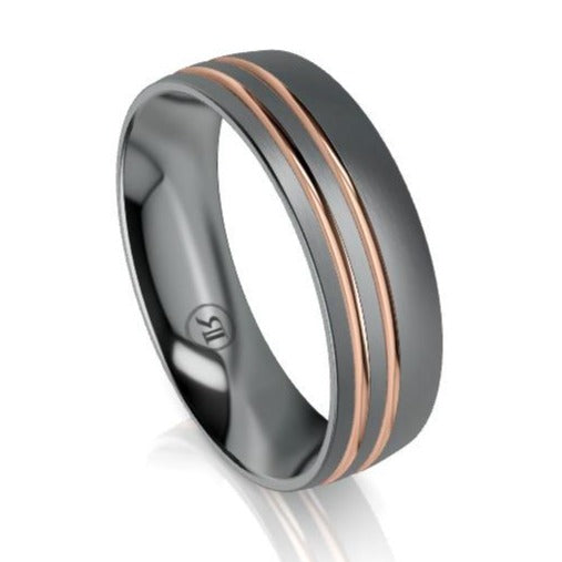 The Ludlow Tantalum & Rose Gold Offset Grooved Wedding Ring