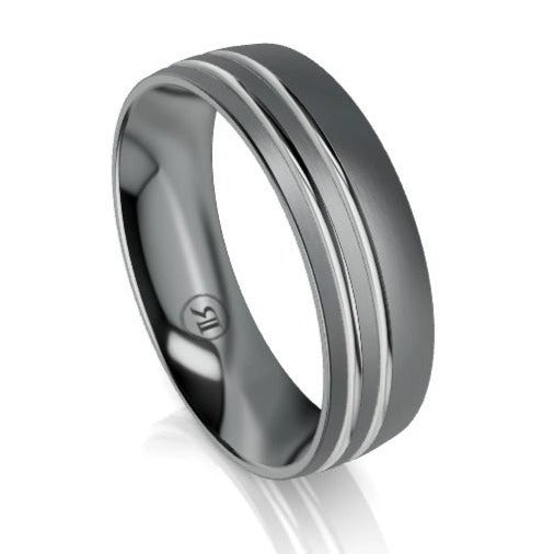 The Ludlow Tantalum & White Gold Offset Grooved Wedding Ring