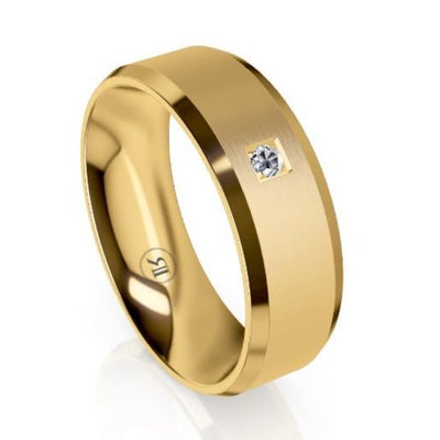 Bevelled Edge Brushed Diamond Centre Gold Wedding Ring
