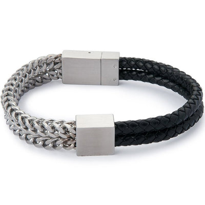 Armour Double Leather & Steel Bracelet - Brushed Silver