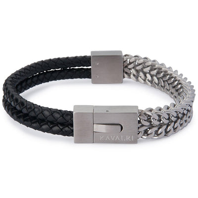 Armour Double Leather & Steel Bracelet - Brushed Silver
