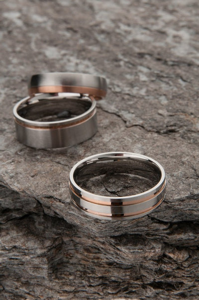 White Gold with Dual Rose Gold Striped Wedding Ring (Deluxe thickness)
