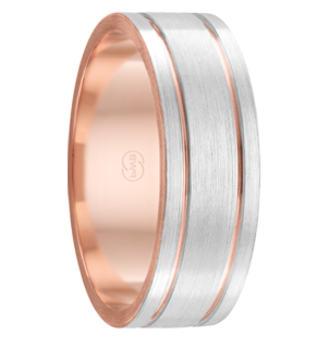 Dual Grooved White Gold Mens Wedding Ring with Rose Gold Inlay (2t3640)