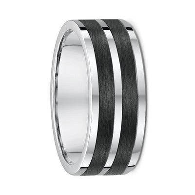 White Gold and Dual Carbon Fibre Striped Wedding Ring - 582B00G