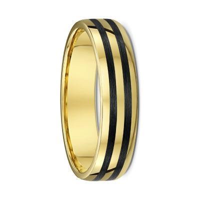 Rounded Yellow Gold and Dual Carbon Fibre Striped Wedding Ring - 583B00