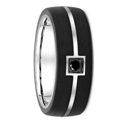 Black Diamond White Gold and Double Striped Carbon Fibre Wedding Ring - 666B01