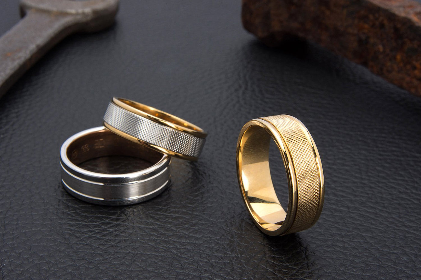 Textured Two Tone Gold Mens Wedding Ring - 2TJ4226