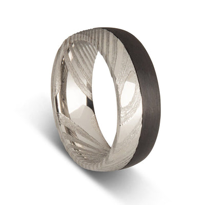 Custom Two Tone Damascus Steel Ring with Carbon Fibre Mens Ring