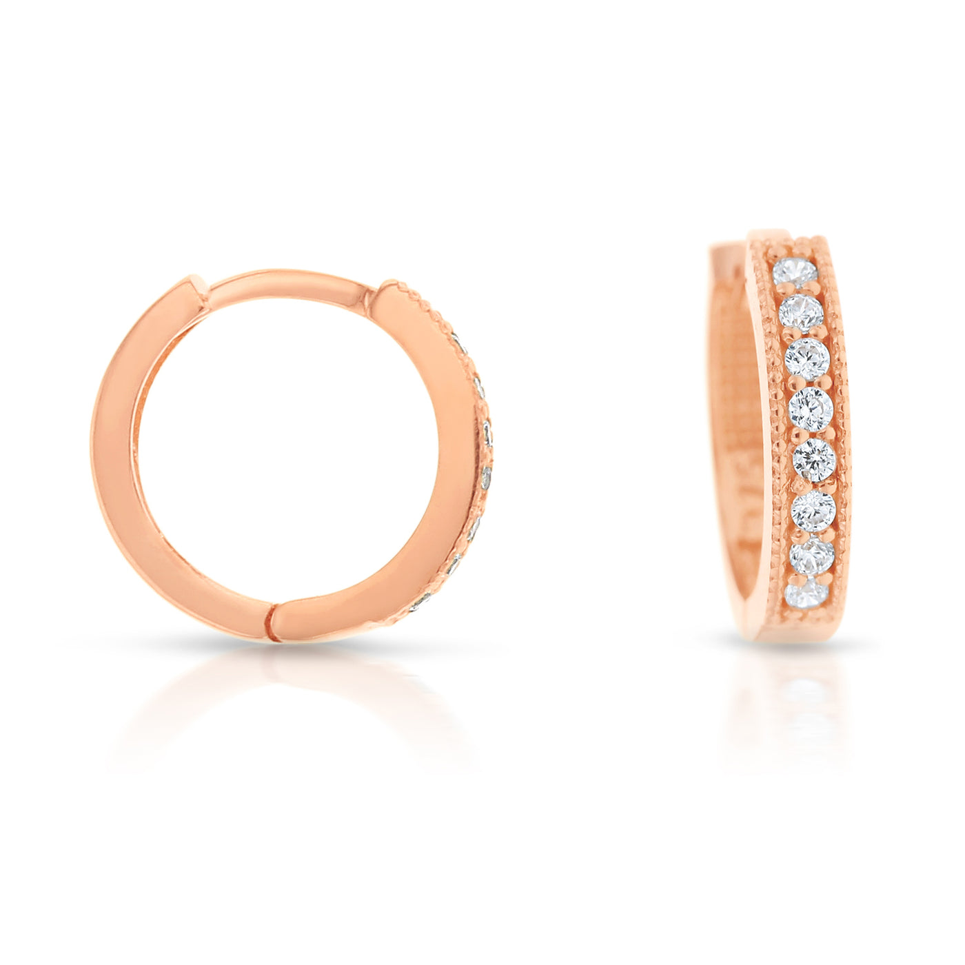 9ct Rose Gold Round CZ Square Tube Huggie Earrings