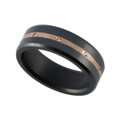 Elysium Ares Matte Black Diamond Wedding Ring with 14 Carat Rose Gold Mokume Inlay