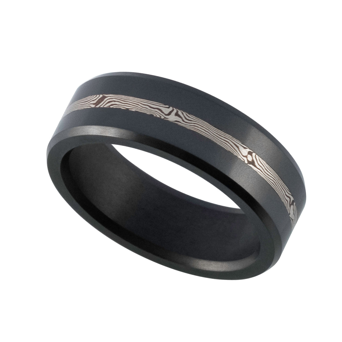Elysium Ares Matte Black Diamond Wedding Ring with 14 Carat White Gold Mokume Inlay