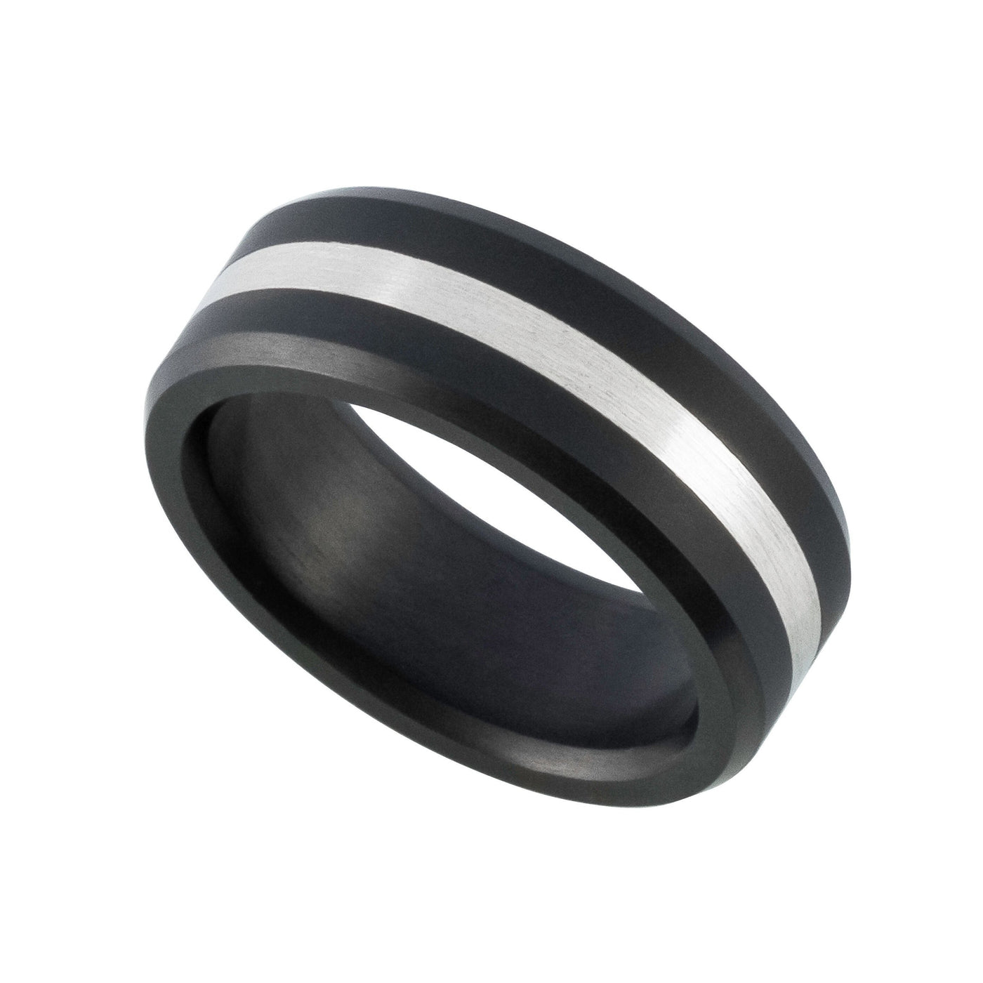 Elysium Ares Beveled Edge Black Diamond Ring with Stirling Silver Inlay