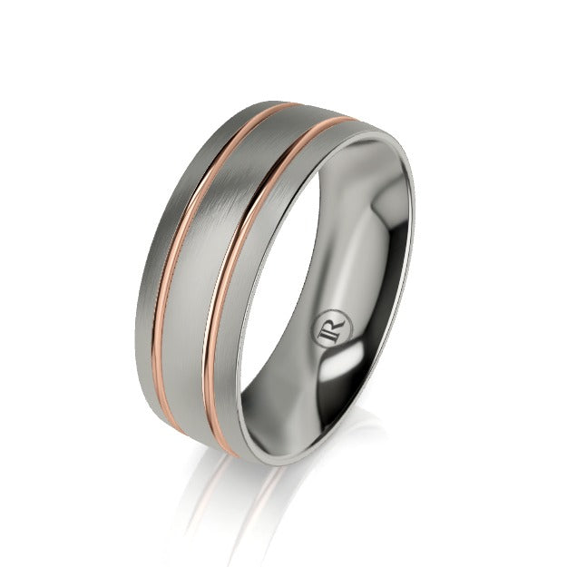 The Lexington Curved Titanium and Thin Dual Gold Grooved Wedding Ring