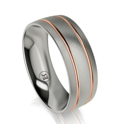 The Lexington Curved Titanium and Thin Dual Gold Grooved Wedding Ring