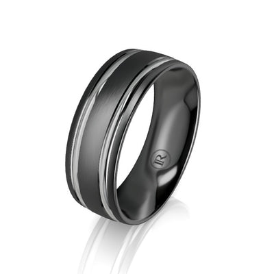 Dual Grooved Black and Grey Zirconium Wedding Ring