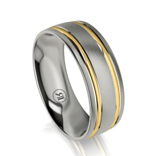 Curved Titanium and Dual Gold Grooved Wedding Ring