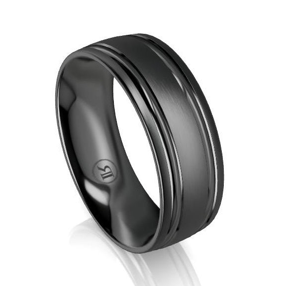 Dual Grooved Black Zirconium Wedding Ring - Comfort Fit (IN1344)