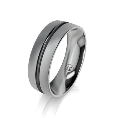 Rounded Centre Groove Black and Grey Zirconium Wedding Ring - Comfort Fit (IN1379)