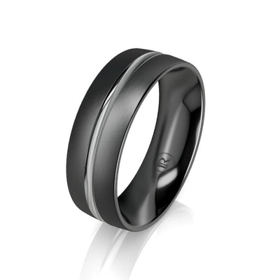 Rounded Centre Groove Black and Grey Zirconium Wedding Ring - Comfort Fit (IN1379)