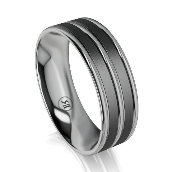 Dual Concave Grey Zirconium and Black Zirconium Grooved Wedding Ring