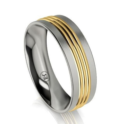 Titanium and Centered Triple Groove Gold Wedding Ring