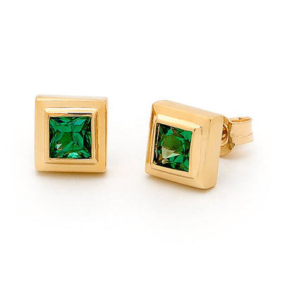 Synthetic Emerald Double Bezel Stud Earring