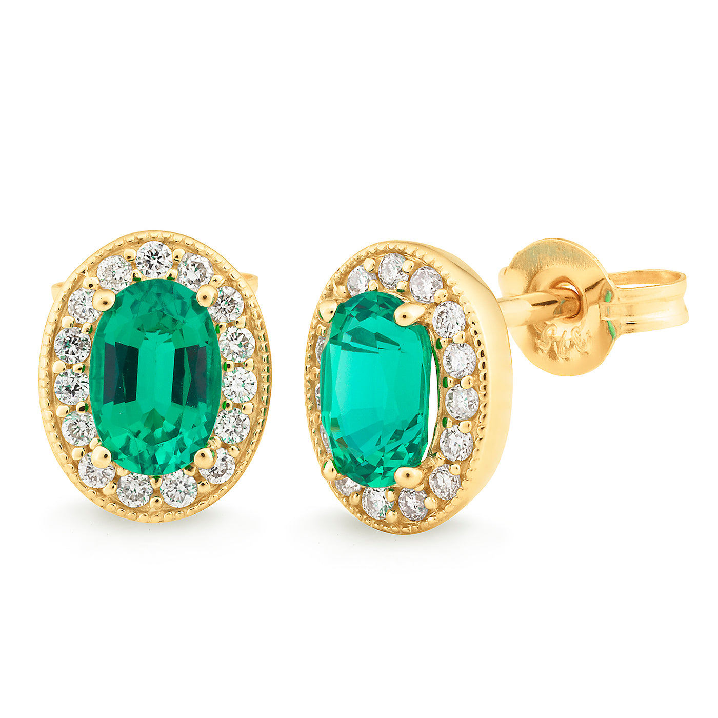 Synthetic Emerald & Diamond Claw/Bead Set Stud Earrings